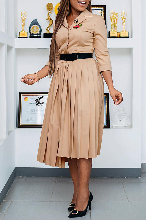 Elegant Lapel Pleated Asymmetrical Hem Dress