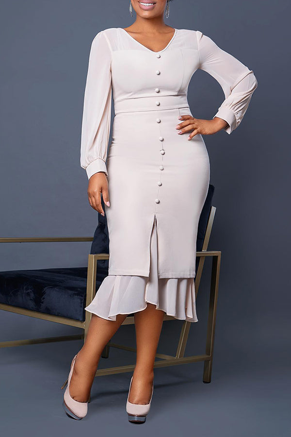 Classic Lantern Sleeve Breasted Midi Dress