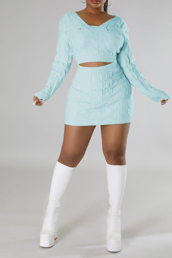 Casual Solid Color V-Neck Top & Skirt Set