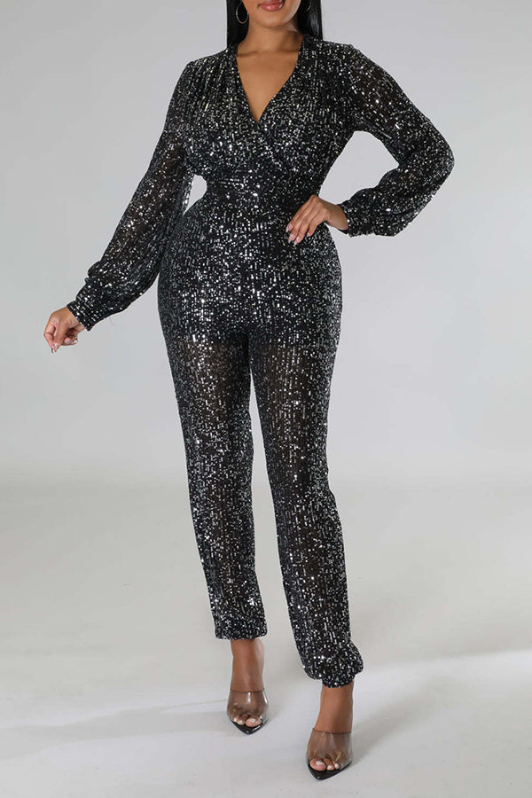 Glittery V-Neck Lantern Sleeve Jumpsuit