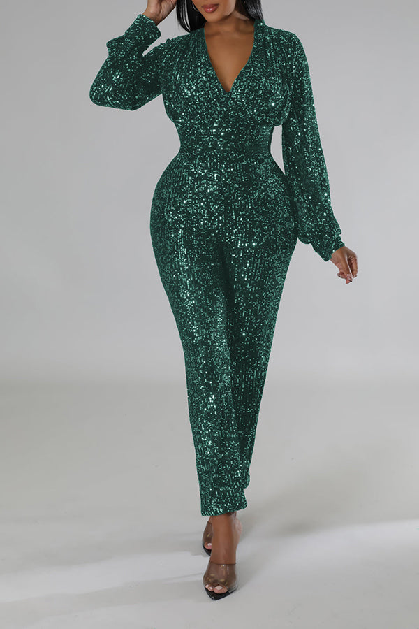 Glittery V-Neck Lantern Sleeve Jumpsuit