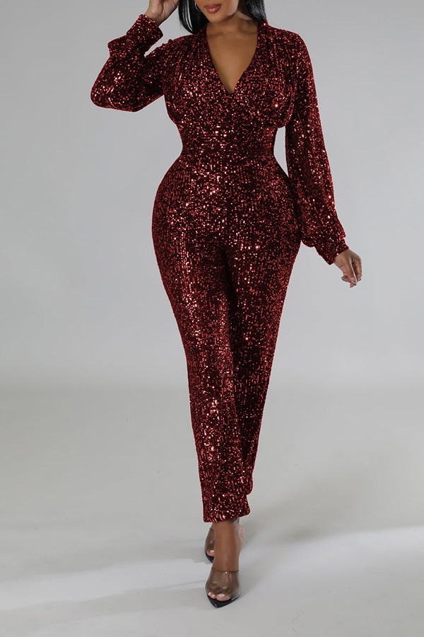 Glittery V-Neck Lantern Sleeve Jumpsuit