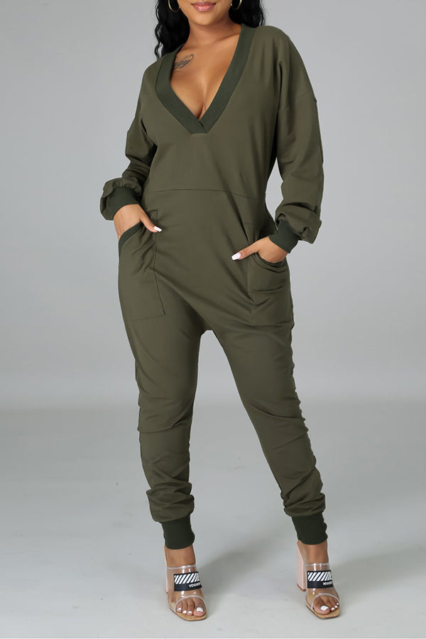 Deep V-Neck Pocket Harem Jumpsuit