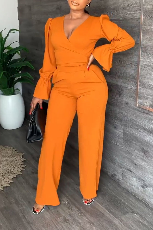 V-neck Flared Sleeve Pants Set