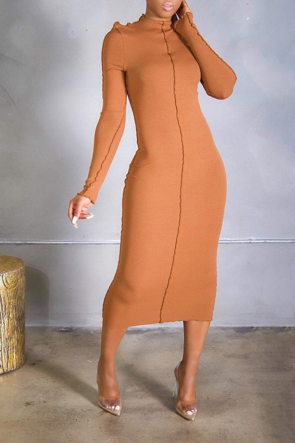 Solid Color Stretch Slim Midi Dress