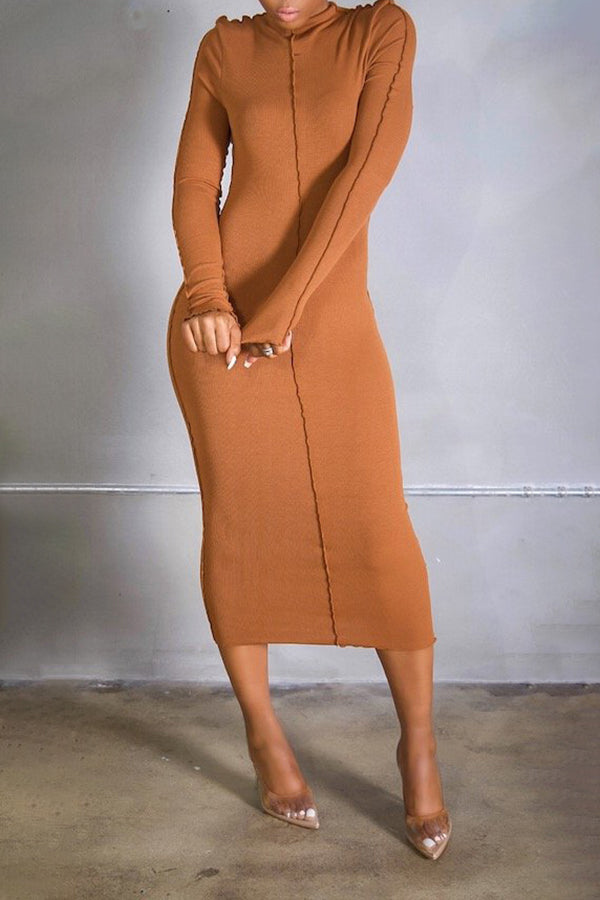 Solid Color Stretch Slim Midi Dress