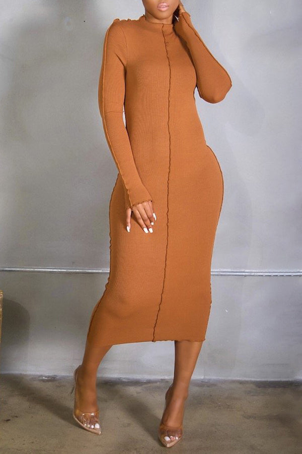 Solid Color Stretch Slim Midi Dress