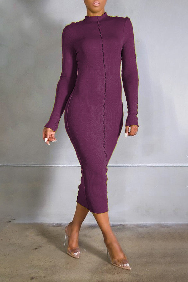 Solid Color Stretch Slim Midi Dress