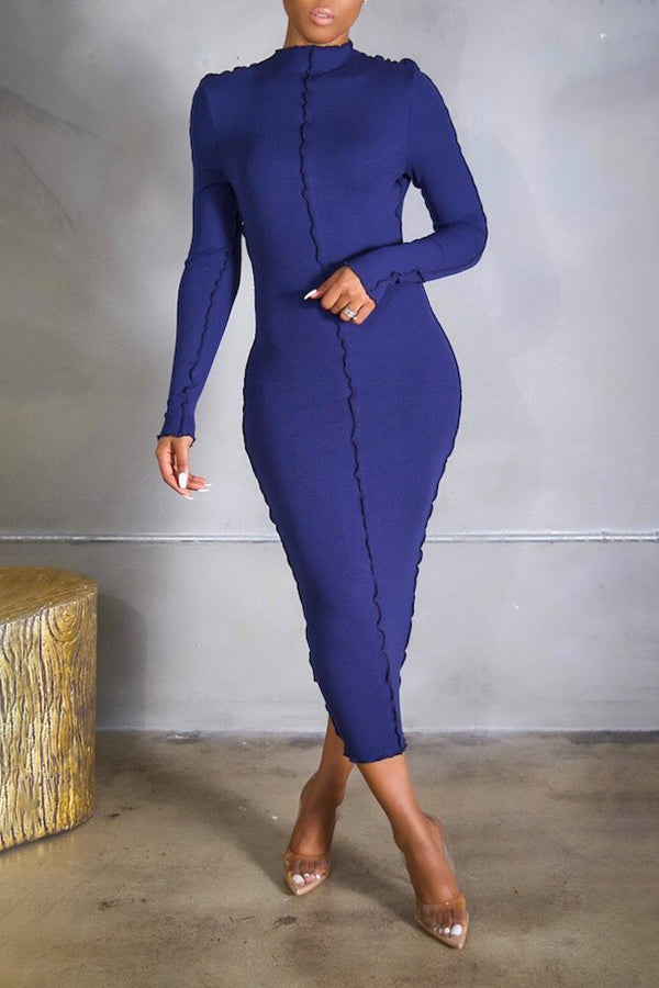 Solid Color Stretch Slim Midi Dress