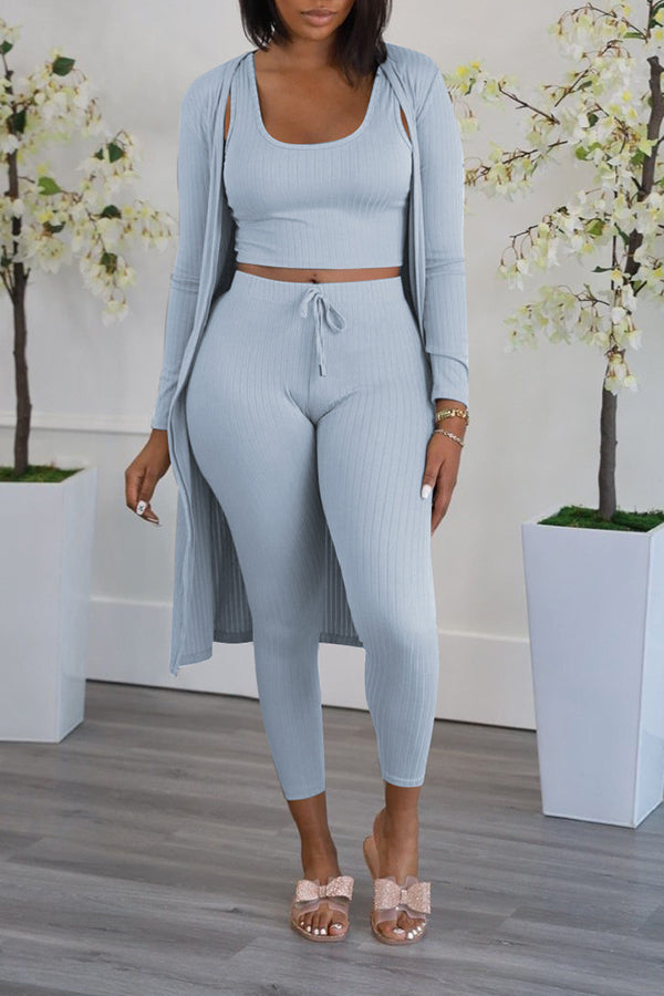 Solid Color Ribbed Three-piece Set