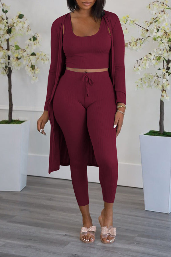 Solid Color Ribbed Three-piece Set