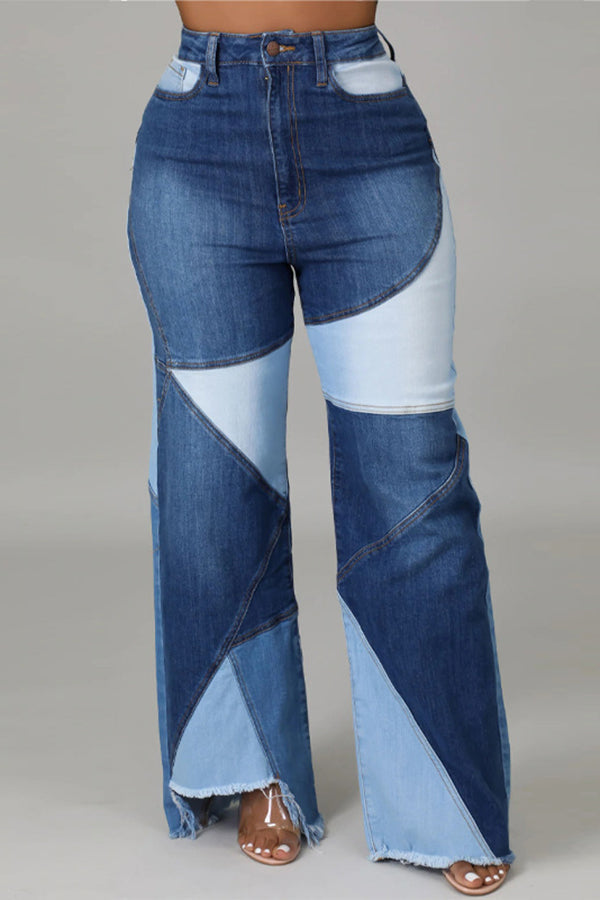 Patchwork High-waist Pockets Jeans