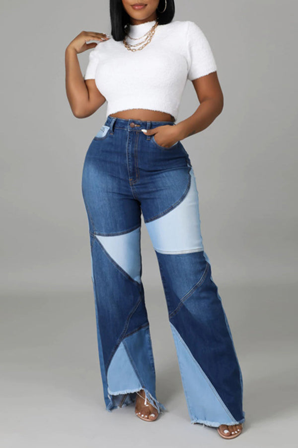 Patchwork High-waist Pockets Jeans