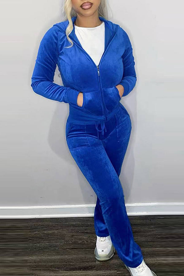 Velour Zip Hooded Drawstring Sweatsuits 