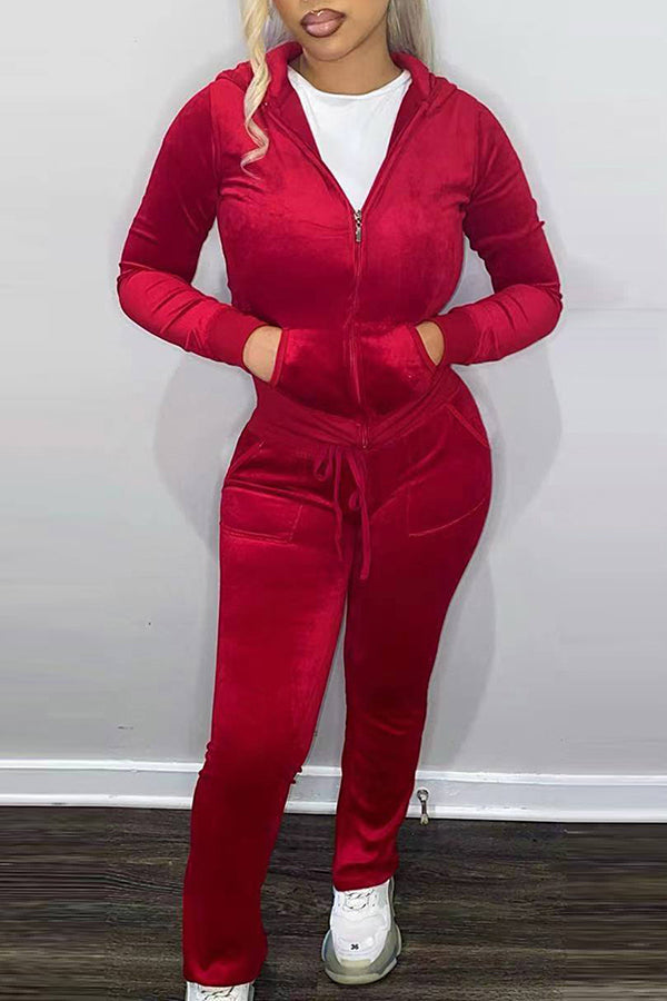 Velour Zip Hooded Drawstring Sweatsuits 