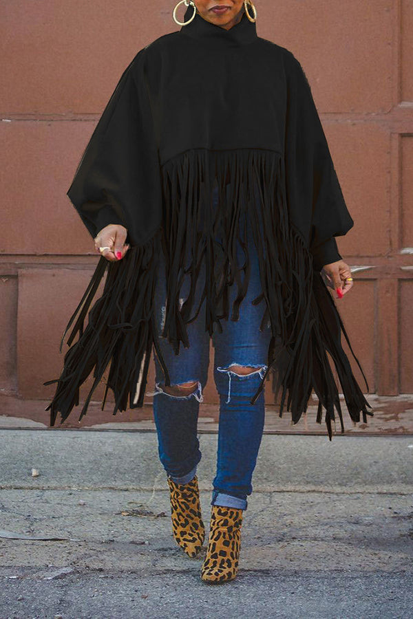 Stylish Tassel Hem Batwing Sleeve Cape