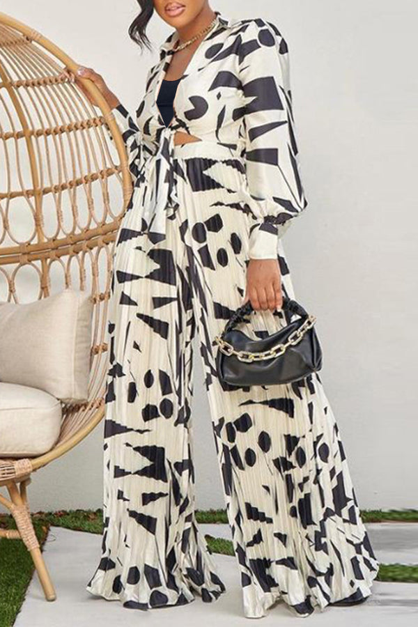 Allover Print Pleated Wide Leg Pants Set