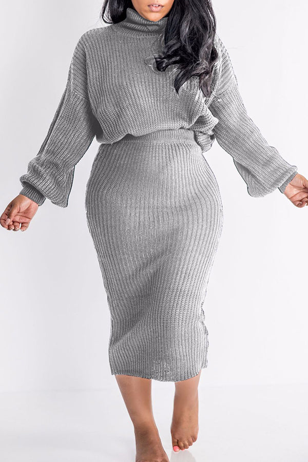 Turtle Neck Lantern Sleeve Sweater & Skirt Set