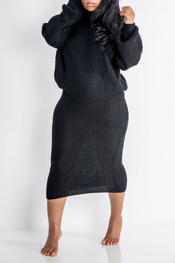 Turtle Neck Lantern Sleeve Sweater & Skirt Set