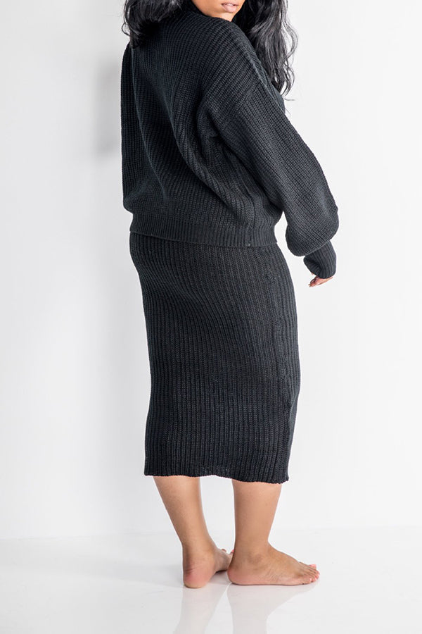 Turtle Neck Lantern Sleeve Sweater & Skirt Set