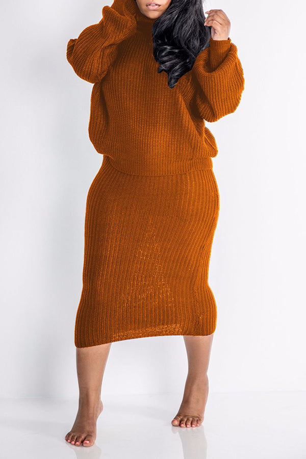 Turtle Neck Lantern Sleeve Sweater & Skirt Set