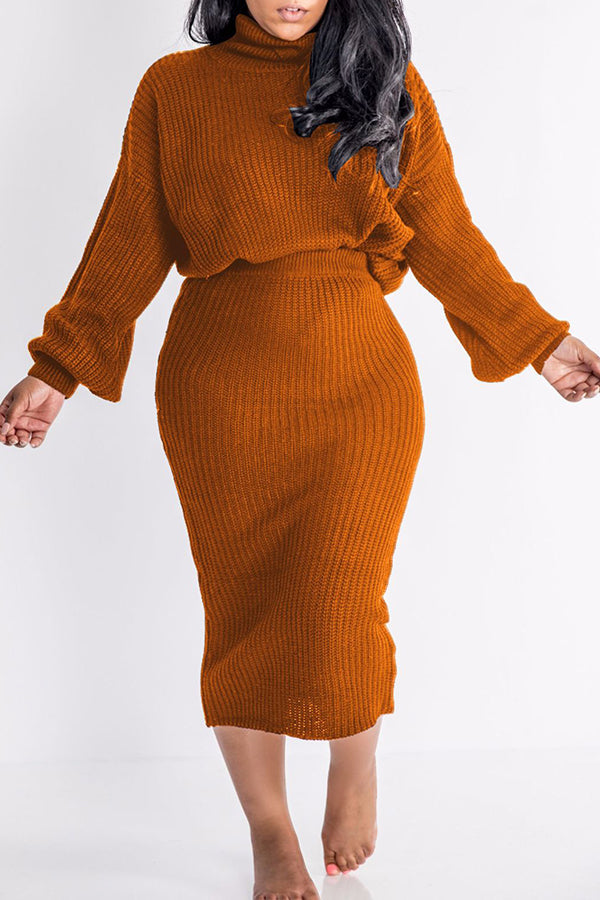 Turtle Neck Lantern Sleeve Sweater & Skirt Set