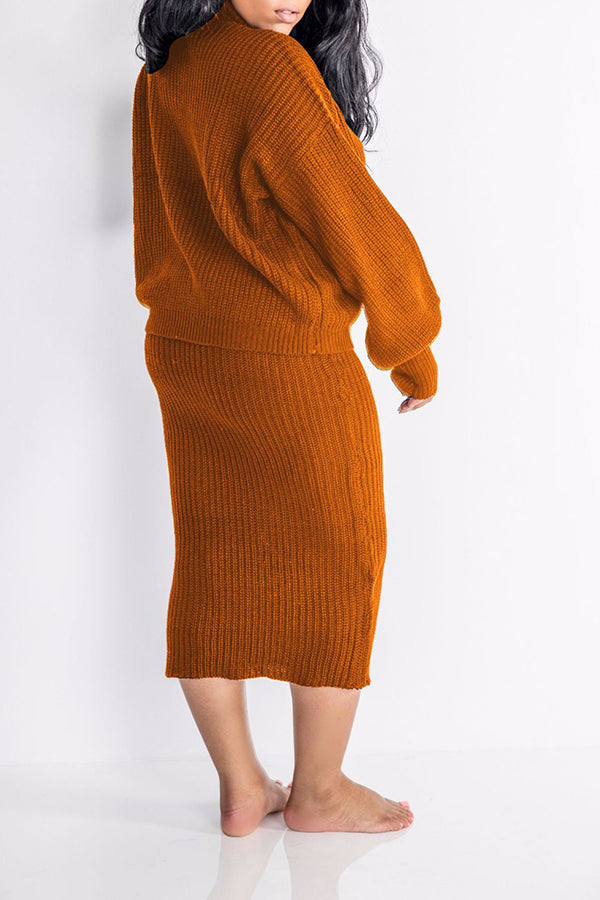 Turtle Neck Lantern Sleeve Sweater & Skirt Set