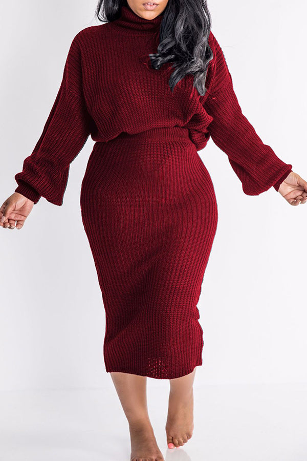 Turtle Neck Lantern Sleeve Sweater & Skirt Set