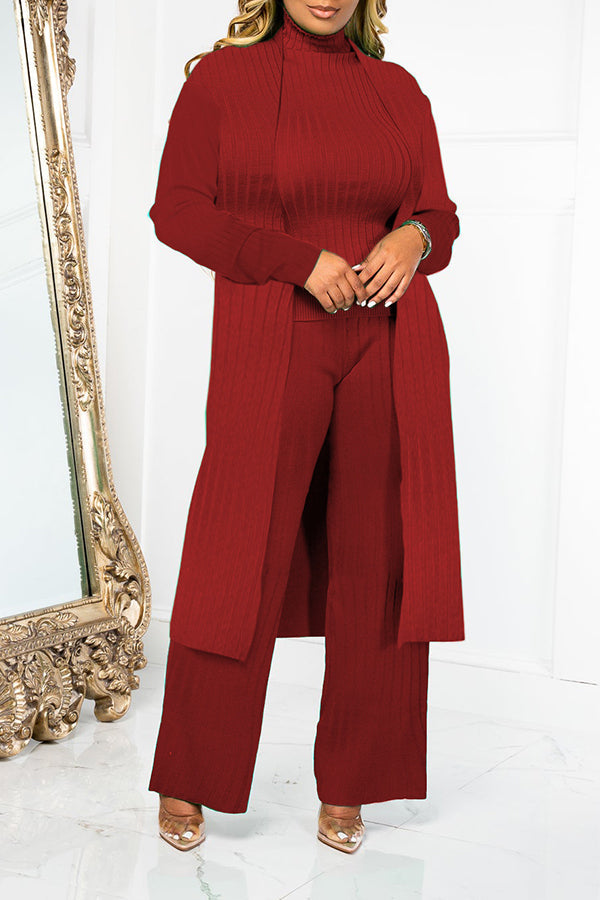 Trendy High Collar Rib-knit Cardigan Three-Piece set