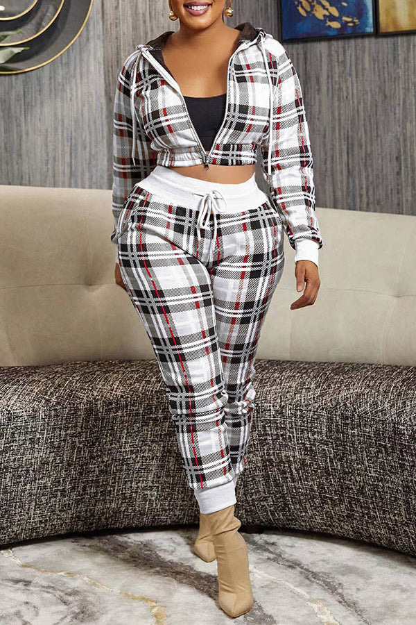 Plaid Zip Up Hoodie & Pants Set