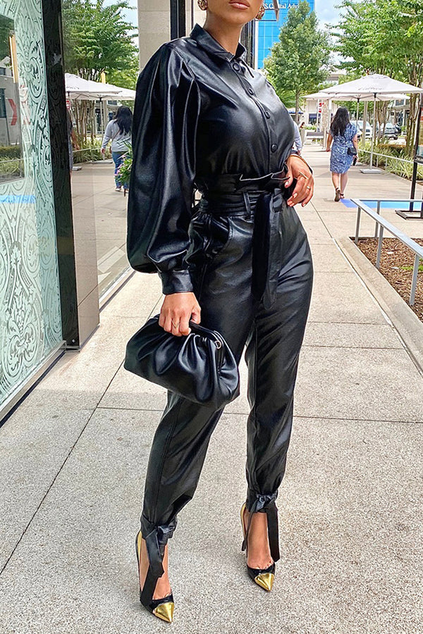 Black Pu Leather Pant Suits