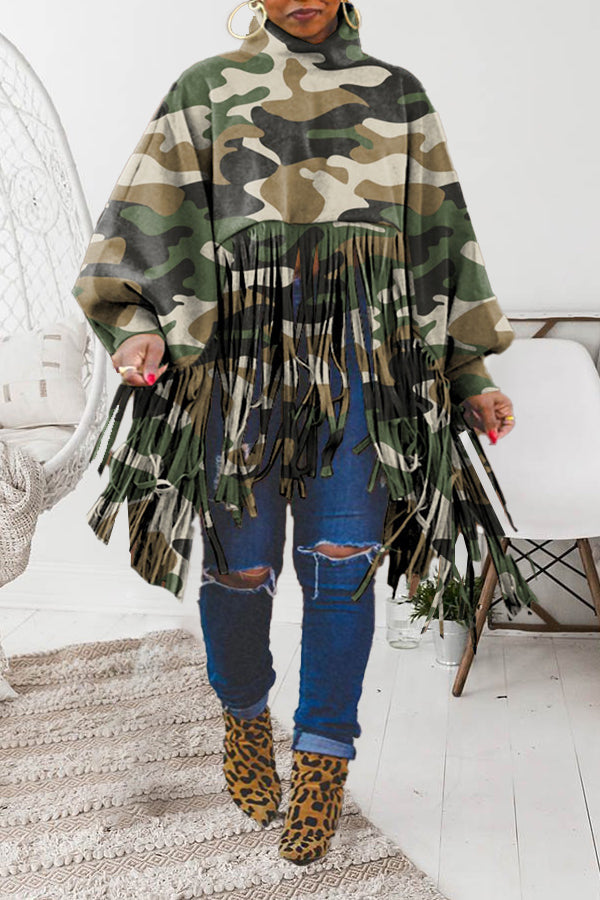 Stylish Print High Neck Fringe Trim Top