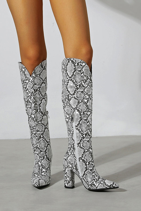 Chunky High Heel Snake Print Boots