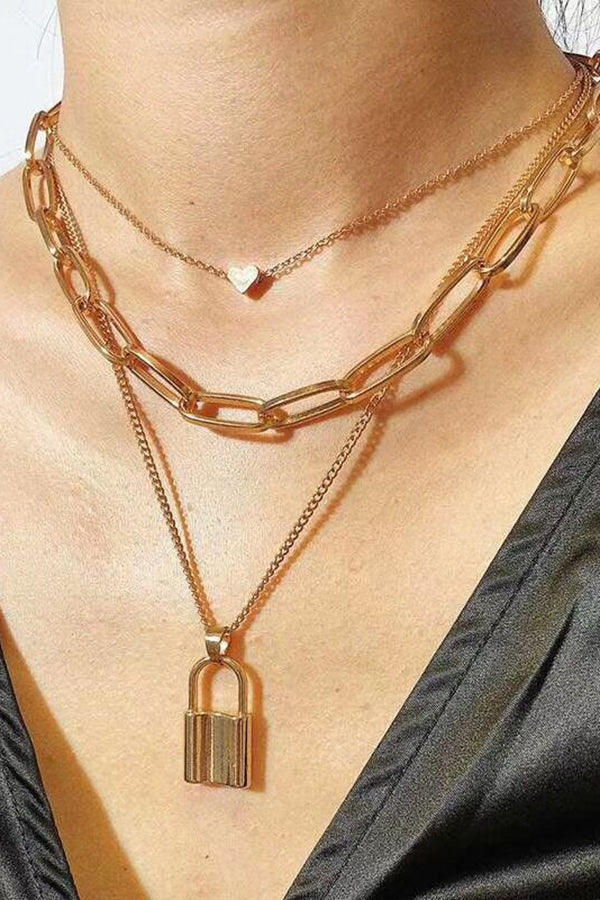 Layered Geometric Lock Heart Necklace