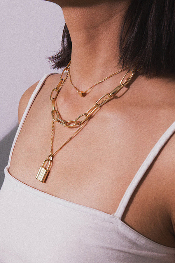 Layered Geometric Lock Heart Necklace