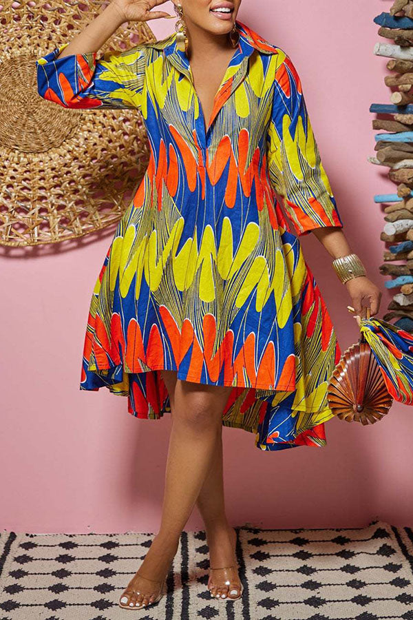 3/4 Sleeve Printed Shirt Dress