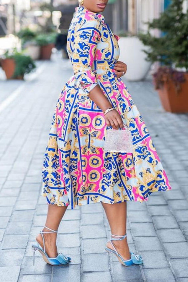 Retro Mandala Print 3/4 Sleeve Dress