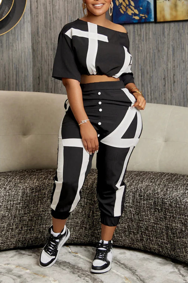 Oblique Neck Cropped Pants Suit