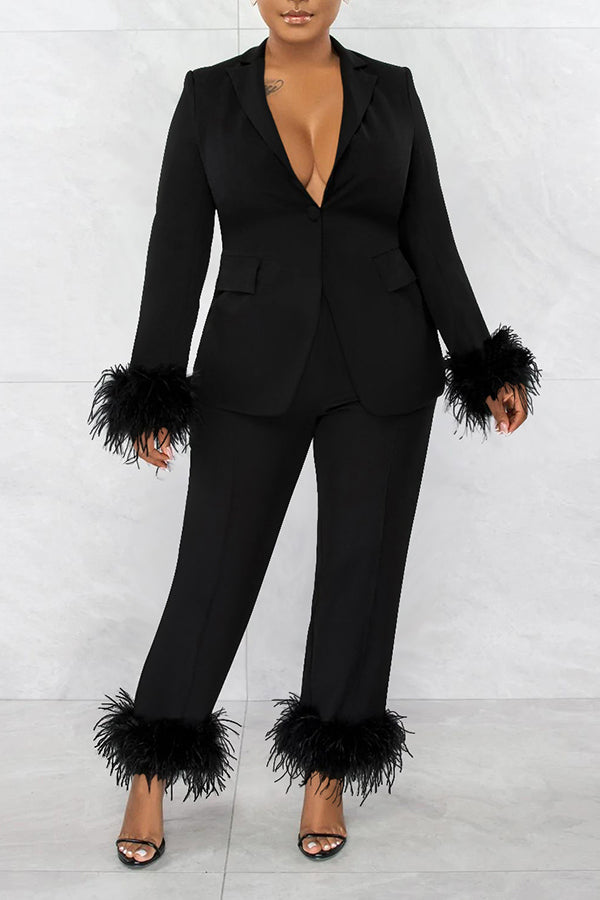 Fuzzy Trim Blazer & Pants Set