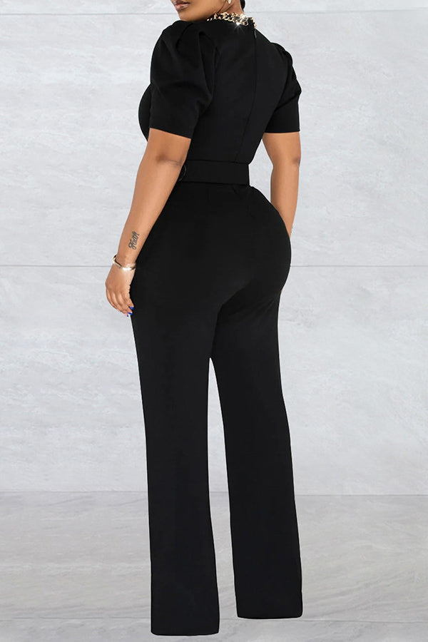 Stylish Puff Sleeve Chain Neck Belted Jumpsuit