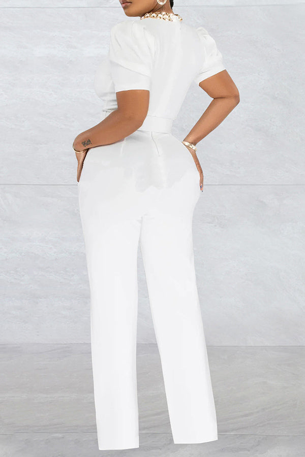 Stylish Puff Sleeve Chain Neck Belted Jumpsuit