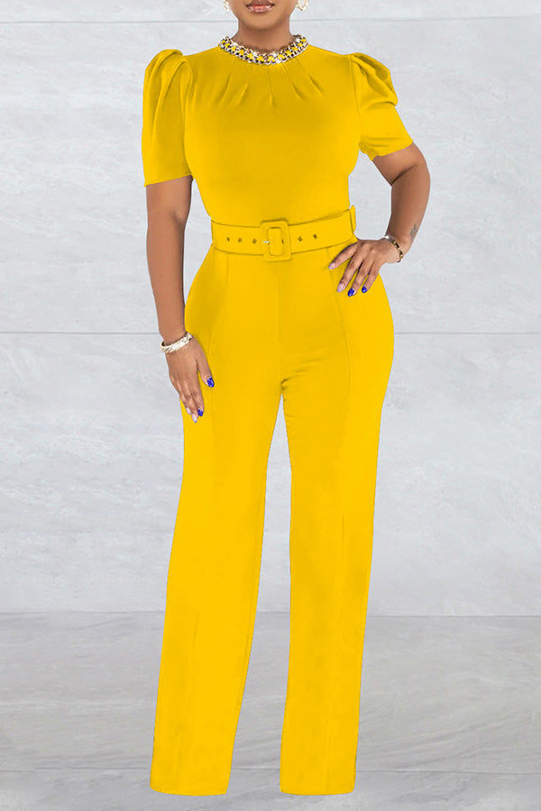 Stylish Puff Sleeve Chain Neck Belted Jumpsuit