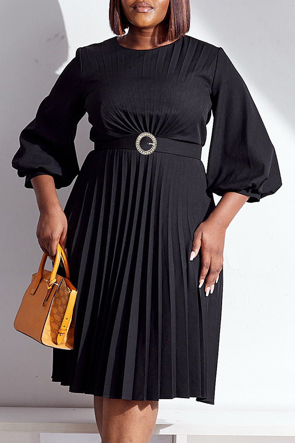 Elegant Lantern Sleeve Pleated Belted Dress