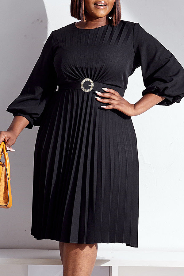 Elegant Lantern Sleeve Pleated Belted Dress