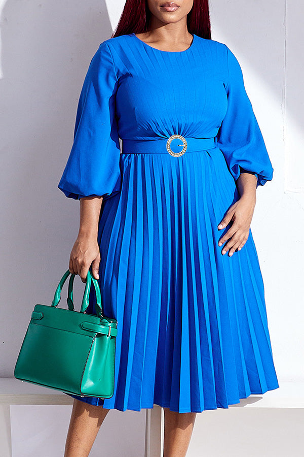 Elegant Lantern Sleeve Pleated Belted Dress