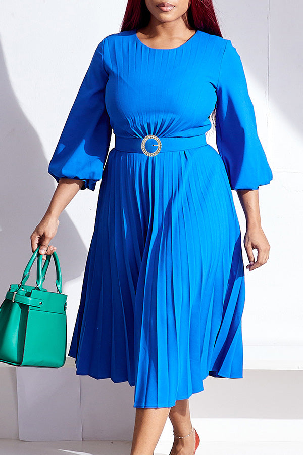 Elegant Lantern Sleeve Pleated Belted Dress