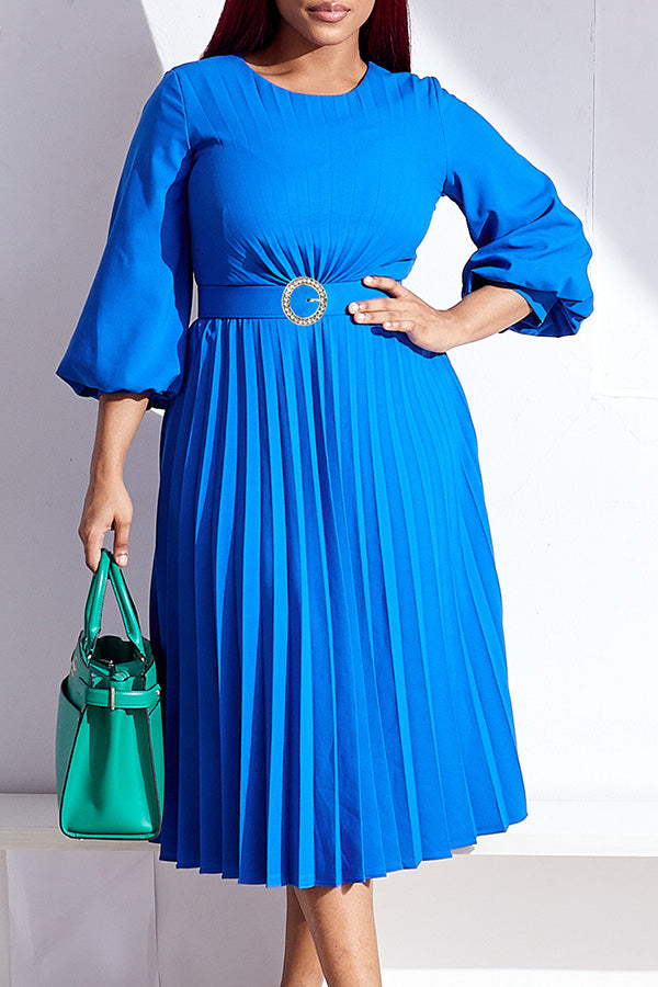 Elegant Lantern Sleeve Pleated Belted Dress