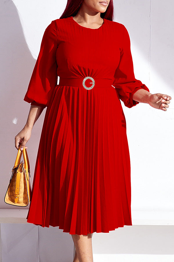 Elegant Lantern Sleeve Pleated Belted Dress