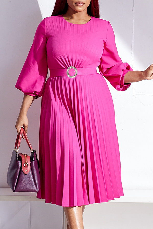 Elegant Lantern Sleeve Pleated Belted Dress