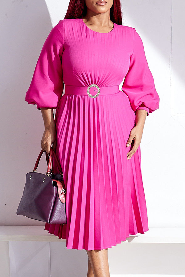 Elegant Lantern Sleeve Pleated Belted Dress